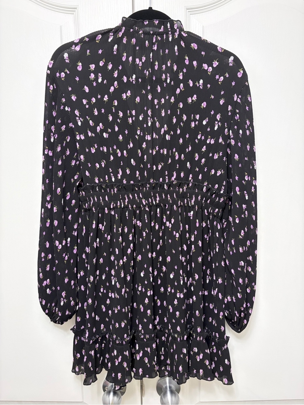 Zara Black Dress with Purple Floral Print, Long Sleeves - Picture 2 of 5